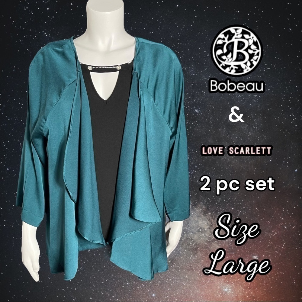 2 piece set - Bobeau Green Satin Drape Cardigan & Love Scarlett Blk Tank Large